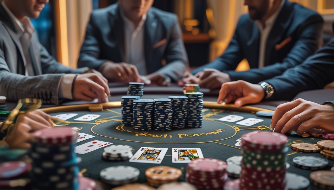 Meja poker dengan kartu dan chip tertata rapi, dikelilingi oleh pemain yang fokus bermain kartu.