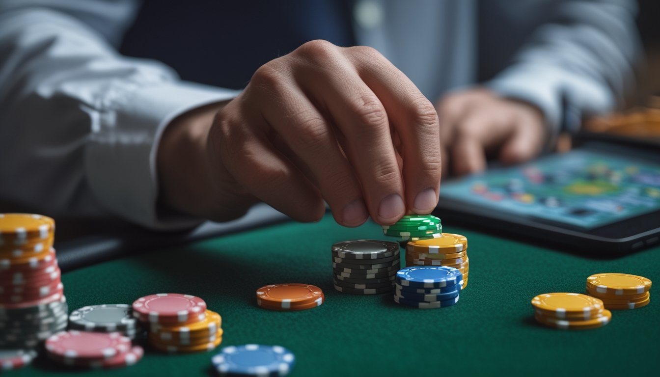 Tangan seseorang sedang mengatur chip poker di atas meja hijau dengan layar digital menampilkan permainan Irish Poker di latar belakang.