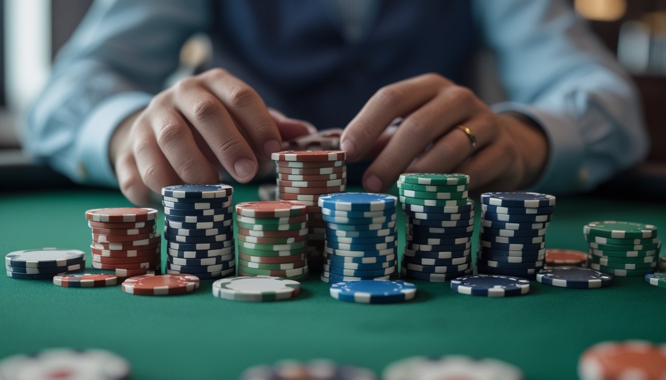 Tumpukan chip poker di atas meja hijau dengan tangan pemain yang sedang mengatur chip.
