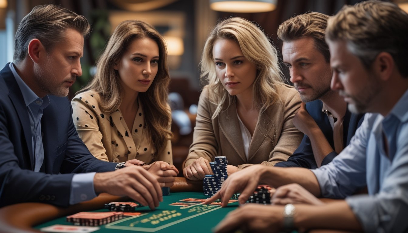 Empat orang duduk mengelilingi meja poker, satu pemain memperhatikan gerak-gerik lawan dengan serius.