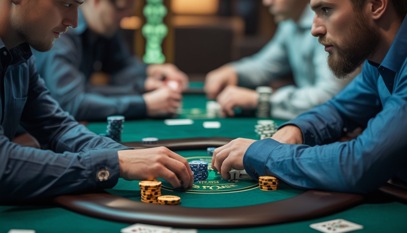 Dua pemain poker sedang duduk berhadapan di meja poker, satu pemain memperhatikan gerak-gerik lawannya dengan serius.