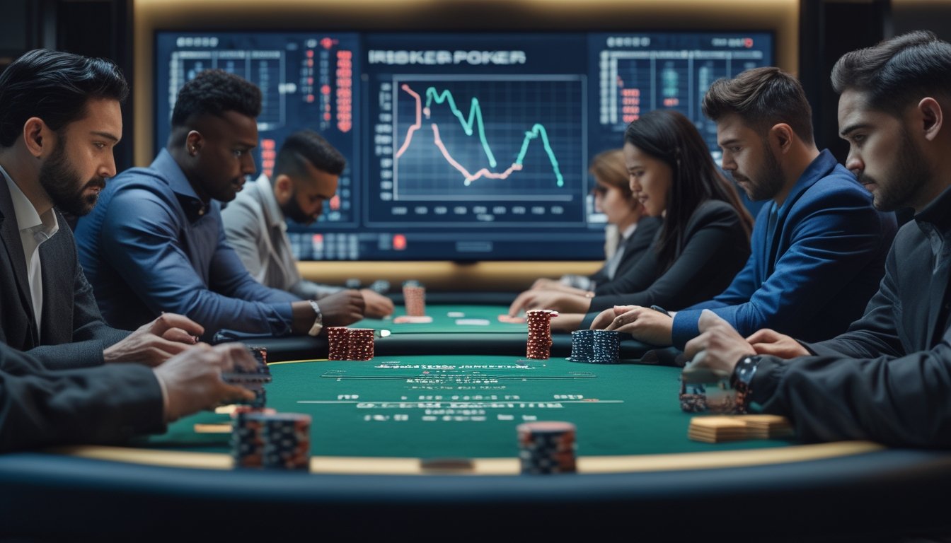 Beberapa orang bermain poker di meja dengan kartu dan chip, di latar belakang terlihat layar menampilkan grafik probabilitas.