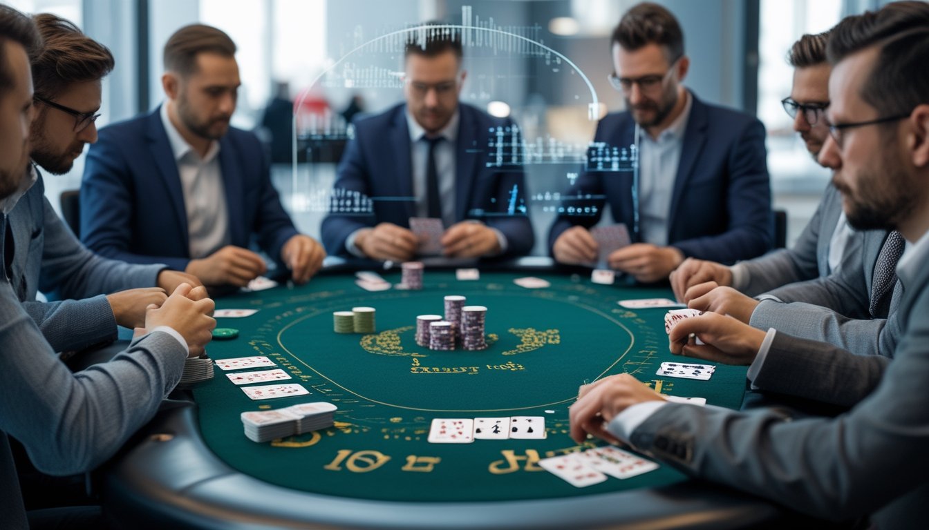 Meja poker modern dengan kartu dan chip, beberapa orang sedang bermain dan menganalisis kartu mereka.