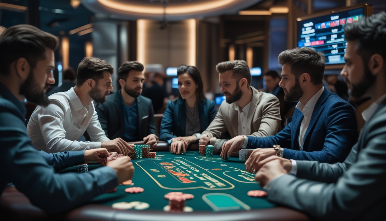 Sekelompok pemain poker sedang bermain Irish Poker di meja taruhan dengan ekspresi serius dan fokus, di dalam ruangan kasino modern.