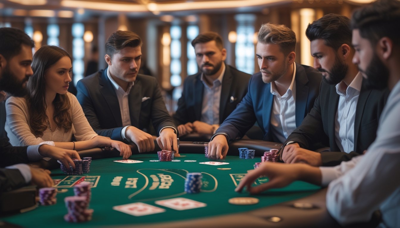 Sekelompok pemain poker sedang bermain Irish Poker di meja taruhan dengan ekspresi serius dan fokus.