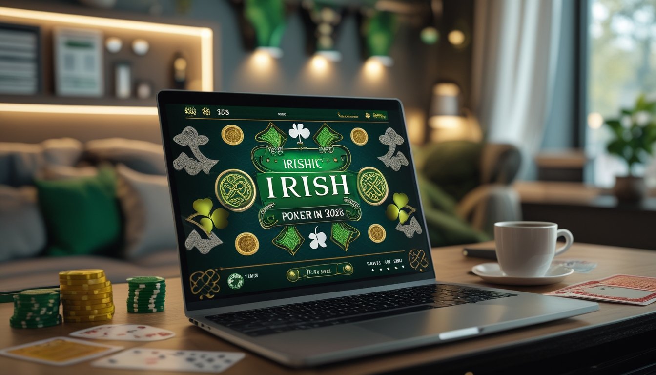 Seseorang bermain poker online dengan laptop di meja yang rapi, dikelilingi chip poker dan kartu, dengan latar belakang ruangan yang nyaman.