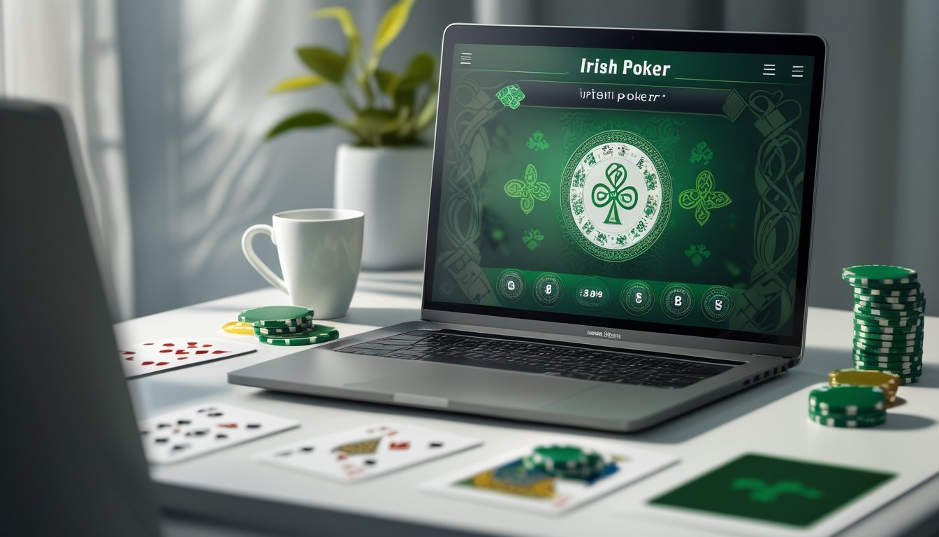 Seorang pemain poker online dengan laptop menampilkan permainan poker bertema Irlandia di meja yang rapi dengan chip dan kartu poker.