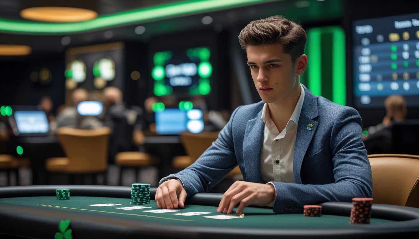 Seorang dewasa muda duduk di meja poker dengan ekspresi fokus di kasino modern dengan lampu hijau dan elemen budaya Irlandia.