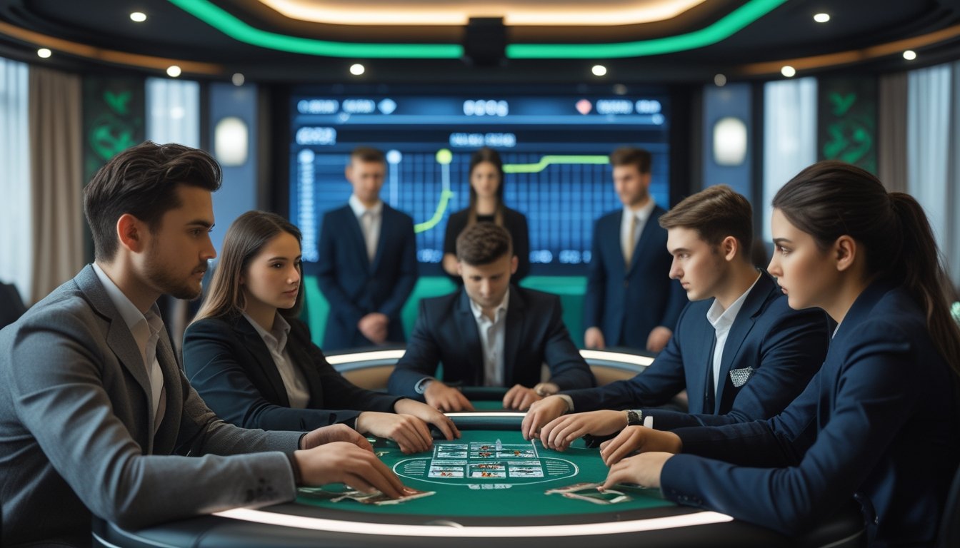 Sekelompok profesional muda bermain poker di meja modern dengan teknologi canggih, di ruangan bergaya futuristik dengan aksen budaya Irlandia.