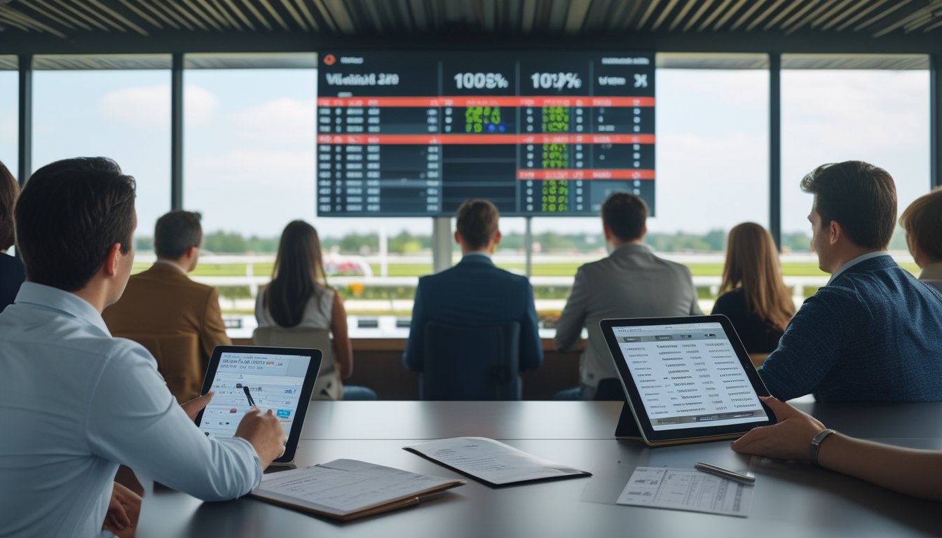 Seorang pemula sedang belajar strategi taruhan balap kuda dengan layar digital menampilkan statistik dan lintasan balap kuda di latar belakang.