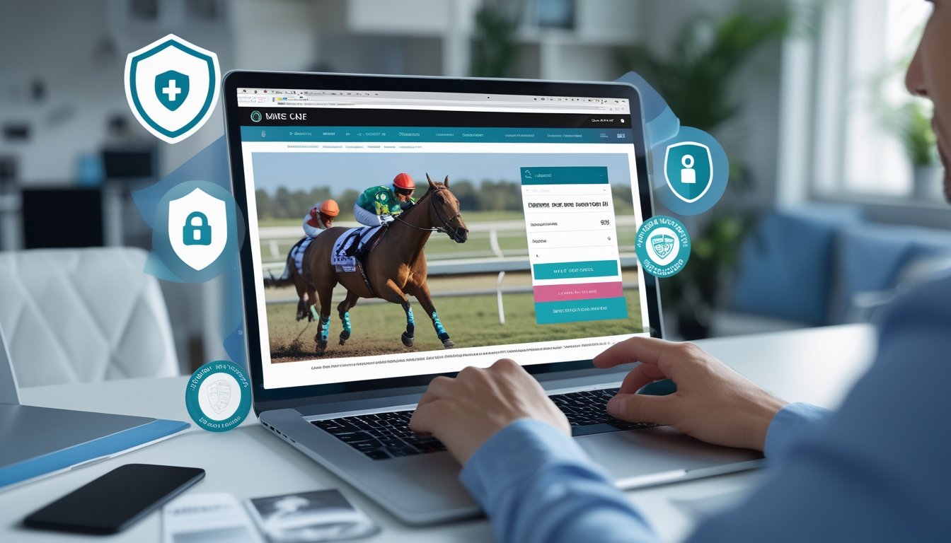Seseorang menggunakan komputer di ruang kerja modern untuk memasang taruhan balap kuda online dengan ikon keamanan dan sertifikat resmi di latar belakang.