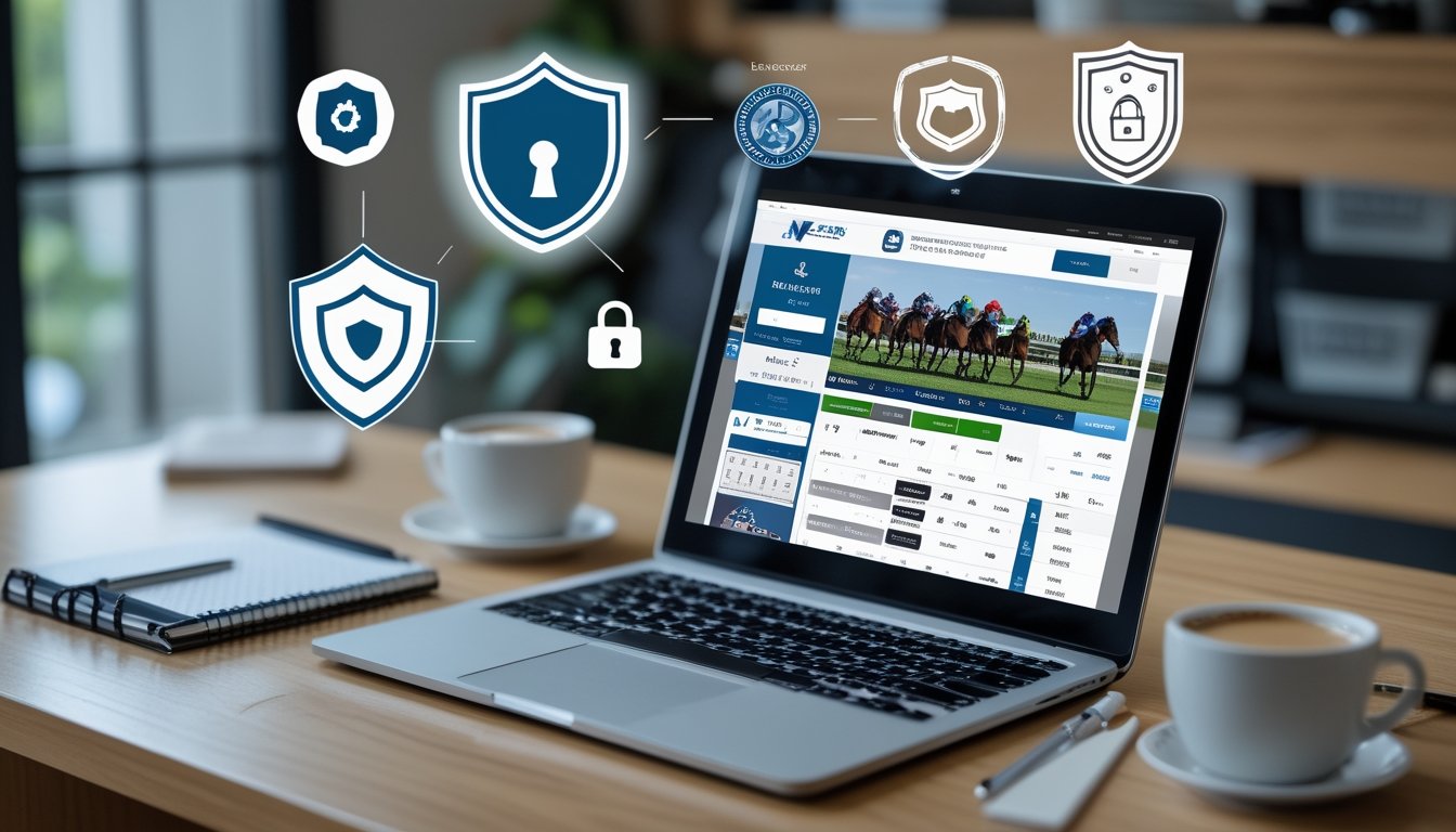 Seseorang menggunakan laptop dengan tampilan situs taruhan balap kuda online yang aman dan resmi, di meja kerja yang rapi dengan cahaya alami.