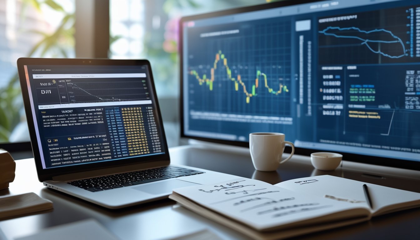Sebuah meja kerja modern dengan laptop, catatan dan layar digital menampilkan grafik dan data terkait strategi bermain Toto Macau 2D tahun 2026.