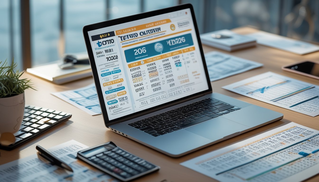 Sebuah meja kerja dengan laptop yang menampilkan data angka dan grafik, disertai kertas cetak, pena, dan kalkulator, menggambarkan analisis data keluaran Toto Macau 2D terbaru.