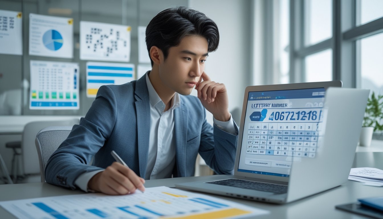 Seorang pria Asia muda duduk di meja modern dengan laptop, memeriksa angka dan grafik di kantor yang terang dan rapi.