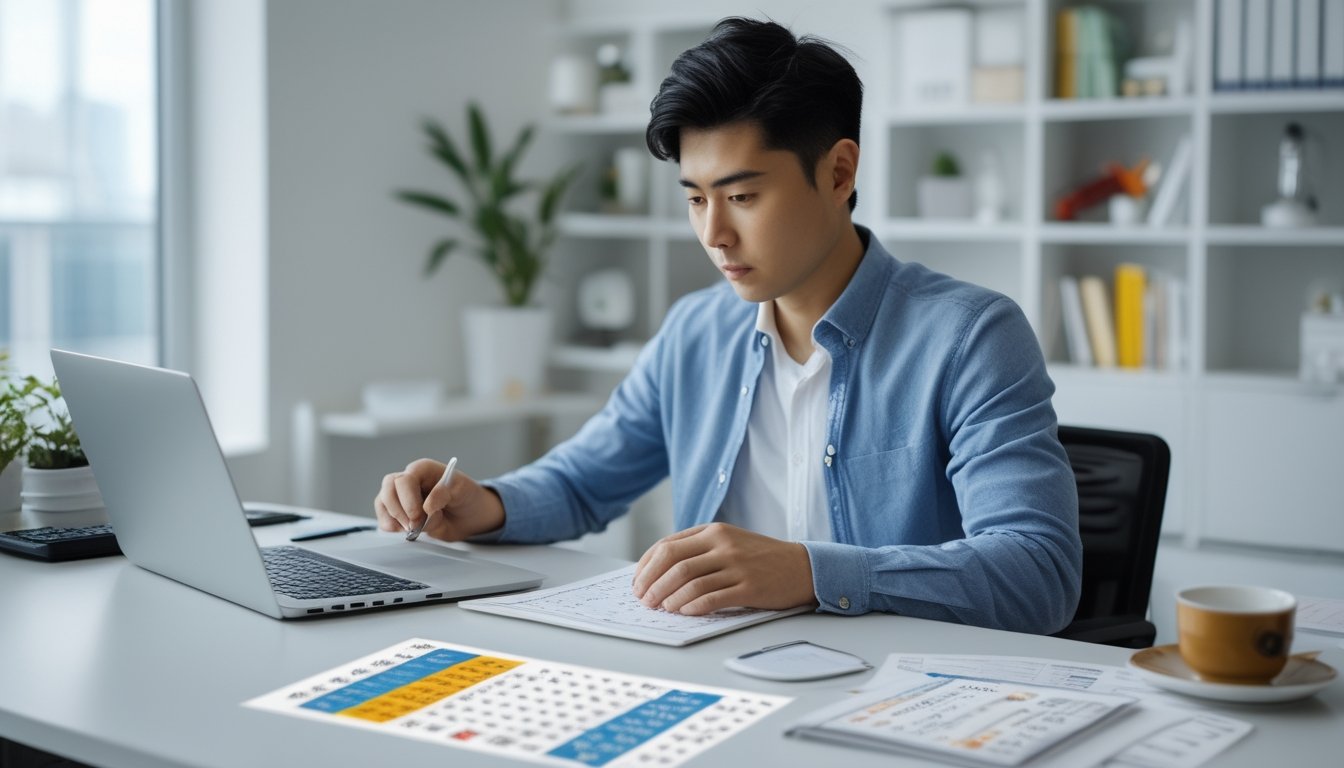 Seorang pria muda sedang duduk di meja kerja dengan laptop dan kertas berisi angka, fokus menganalisis permainan Toto Macau 2D.