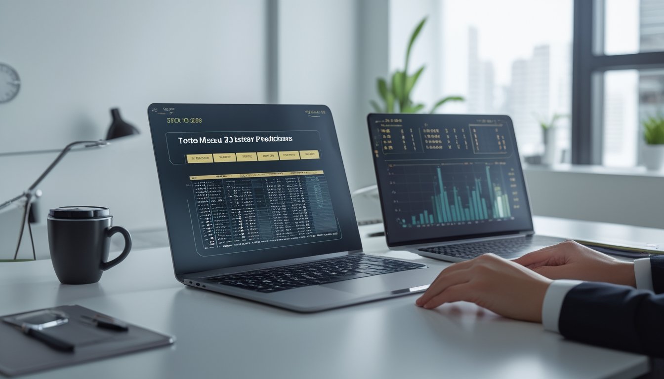 Sebuah meja kerja modern dengan perangkat digital menampilkan grafik dan data angka, tangan seseorang sedang menganalisis informasi di kantor yang terang dan rapi.