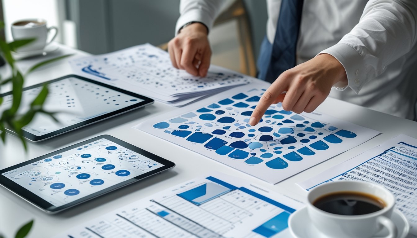 Meja kerja dengan perangkat digital menampilkan pola angka 2D dan tangan seseorang sedang menganalisis data.