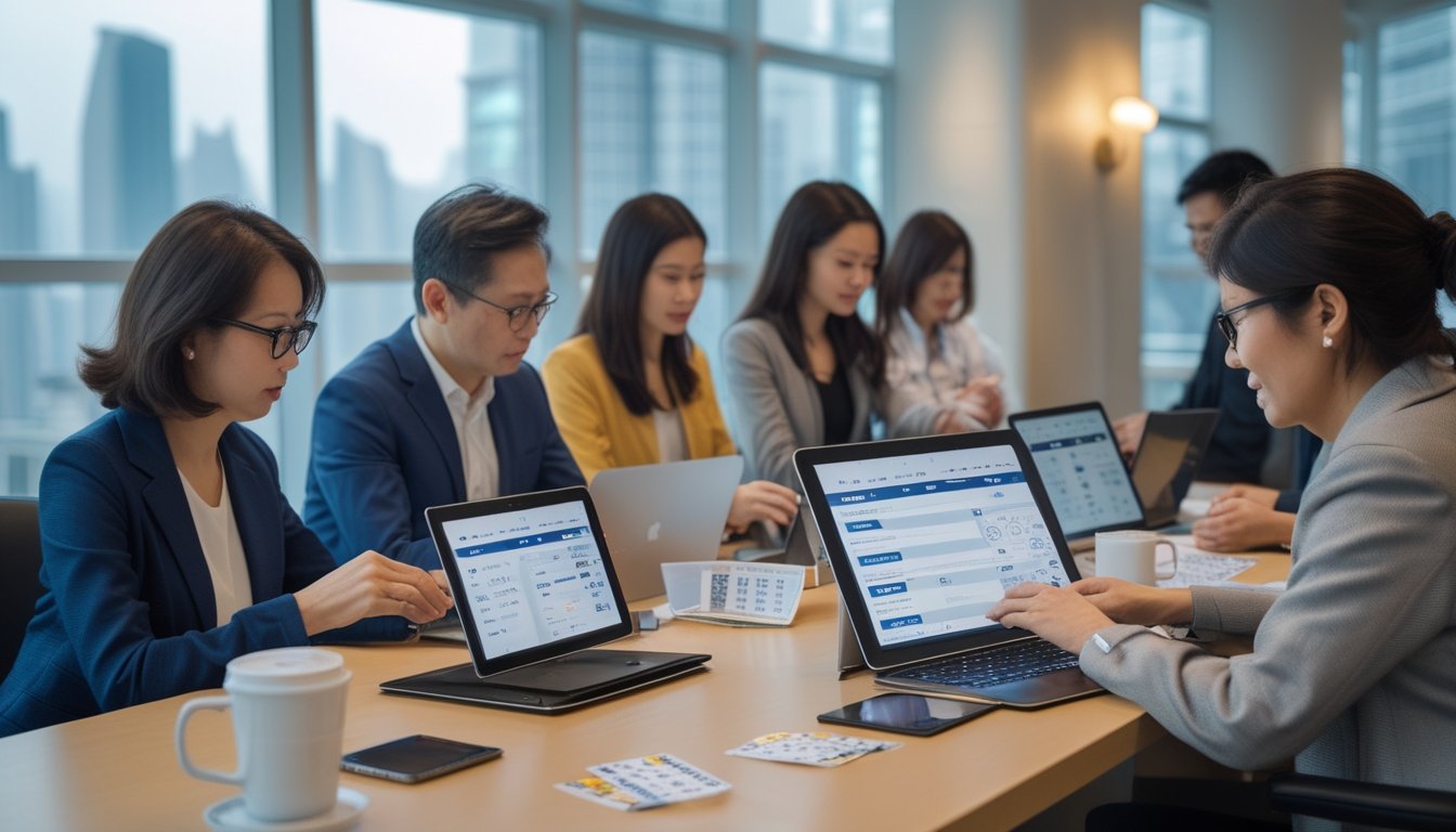 Orang-orang menggunakan laptop dan ponsel di kantor modern dengan pemandangan kota Macau di latar belakang.