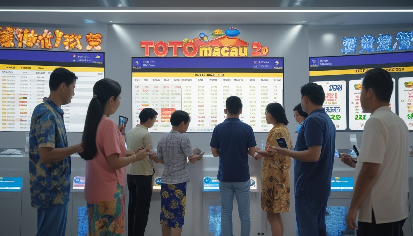 Sekelompok orang di dalam ruangan modern sedang melihat layar digital dengan angka lotre dan grafik terkait Toto Macau 2D, suasana penuh semangat dan harapan.