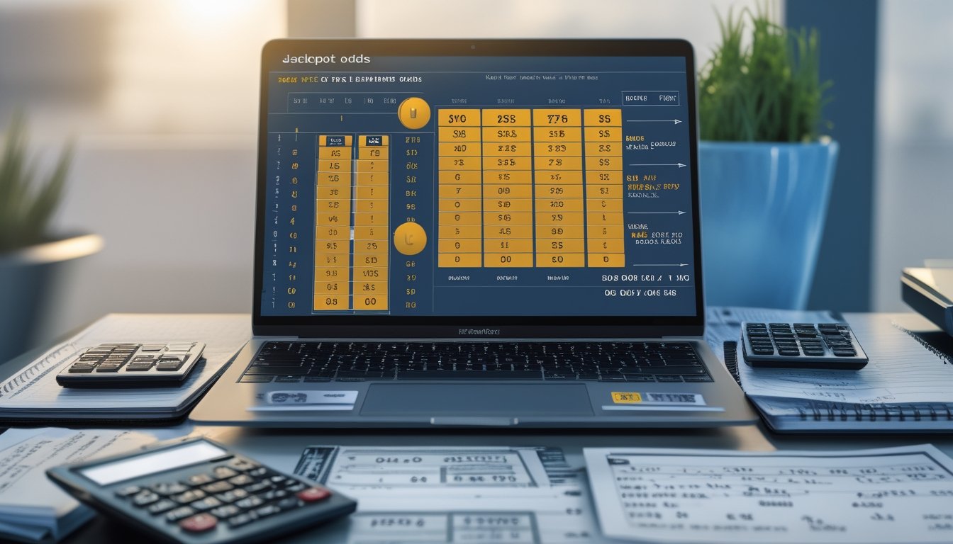 Meja kerja dengan laptop, tiket lotre, kalkulator, dan catatan yang menunjukkan perhitungan peluang jackpot.