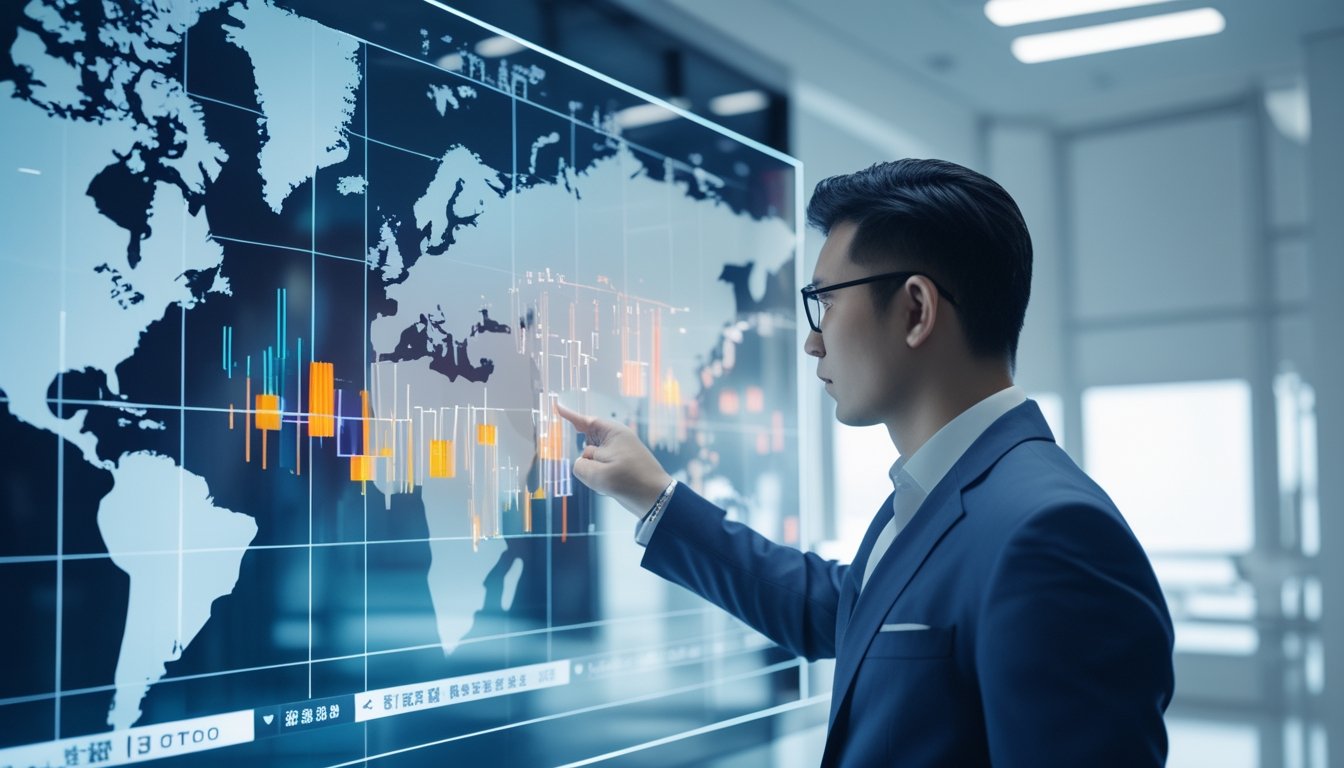 Seorang profesional di kantor modern sedang melihat data digital pada layar sentuh dengan peta dunia dan elemen digital di latar belakang.