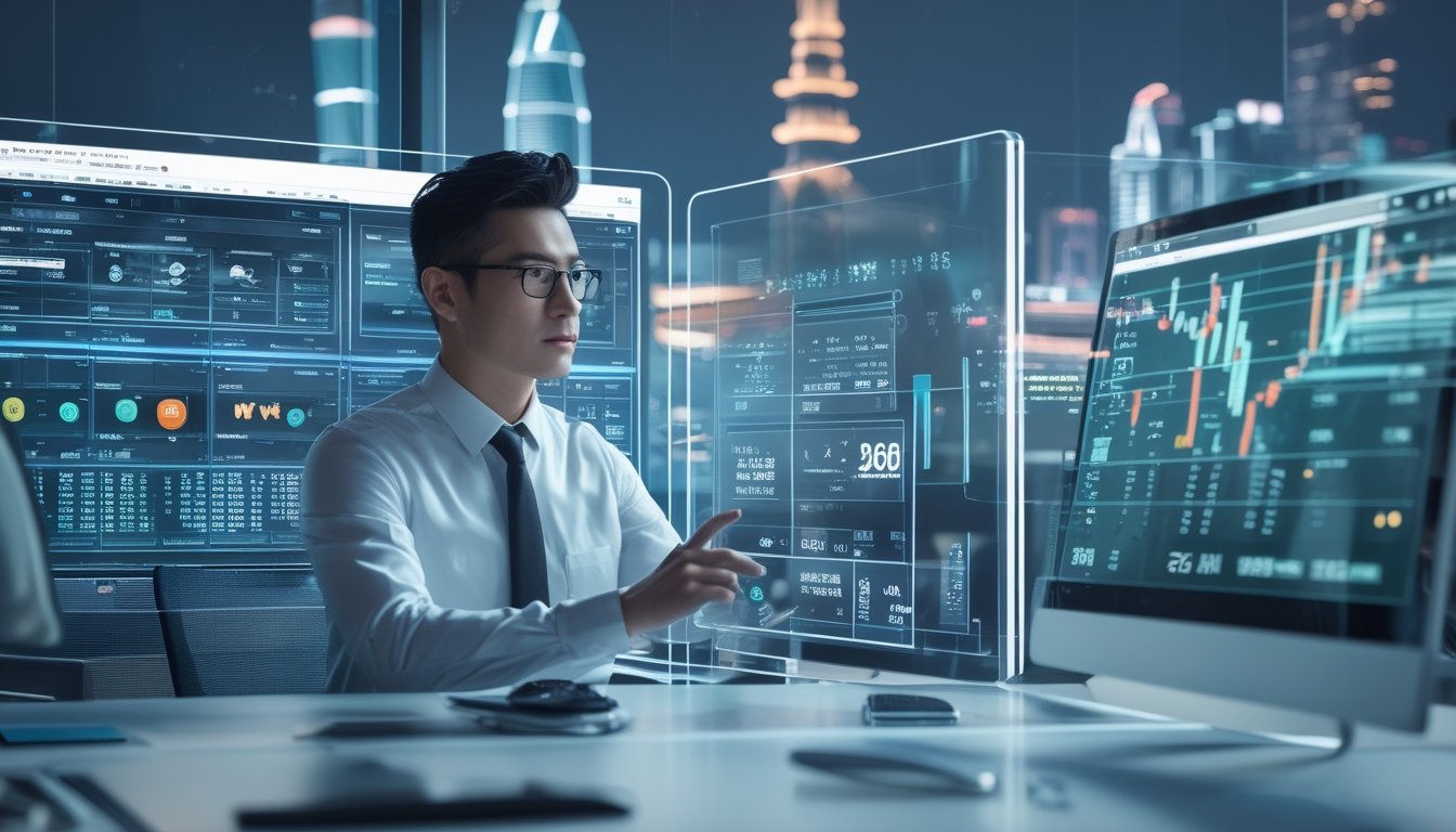 Seorang profesional sedang menganalisis data di layar digital dengan latar belakang kota Macau yang terang dan modern.
