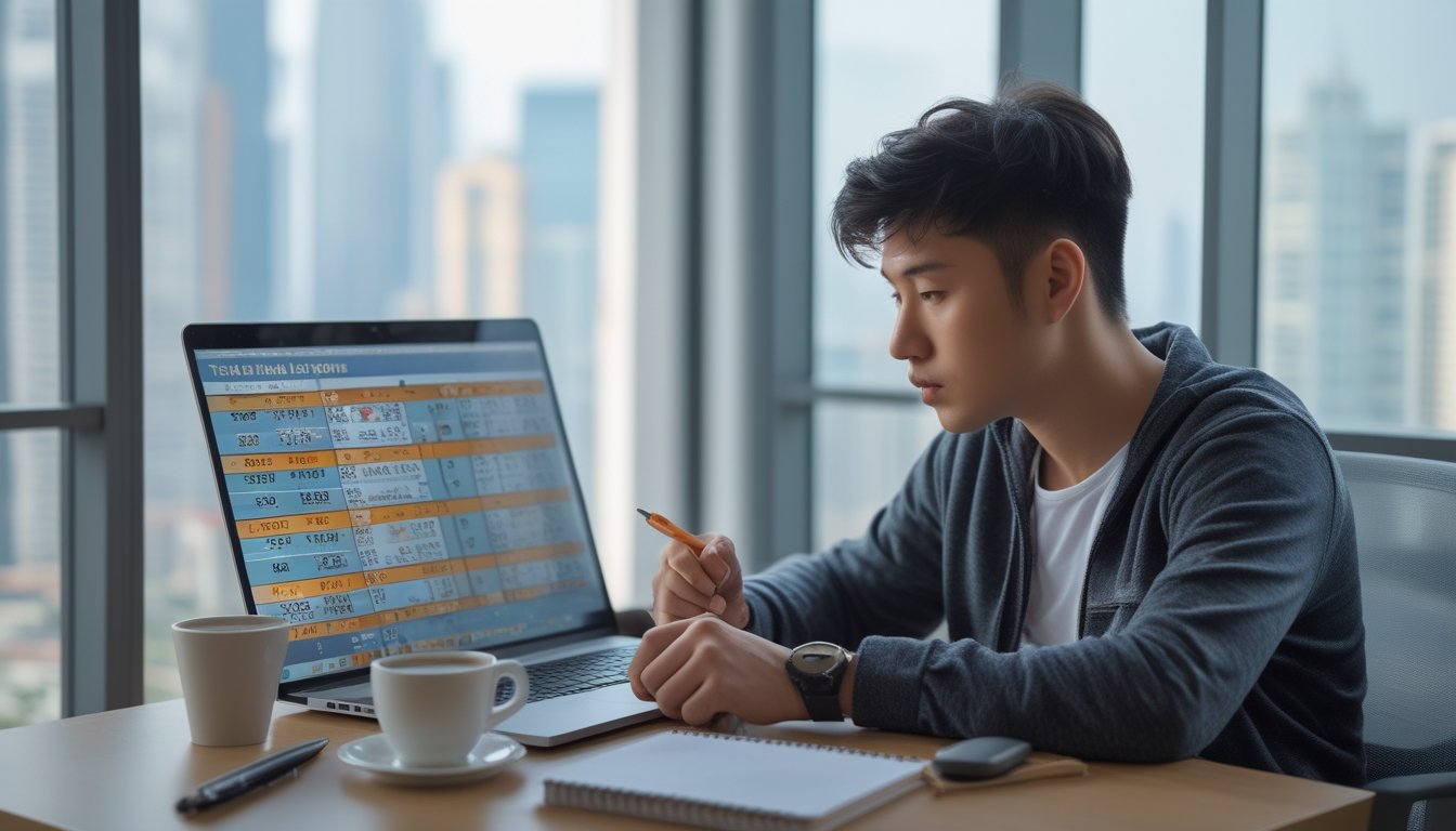 Seorang pria muda duduk di meja dengan laptop, mempelajari grafik dan angka terkait strategi Toto Macau 2D.