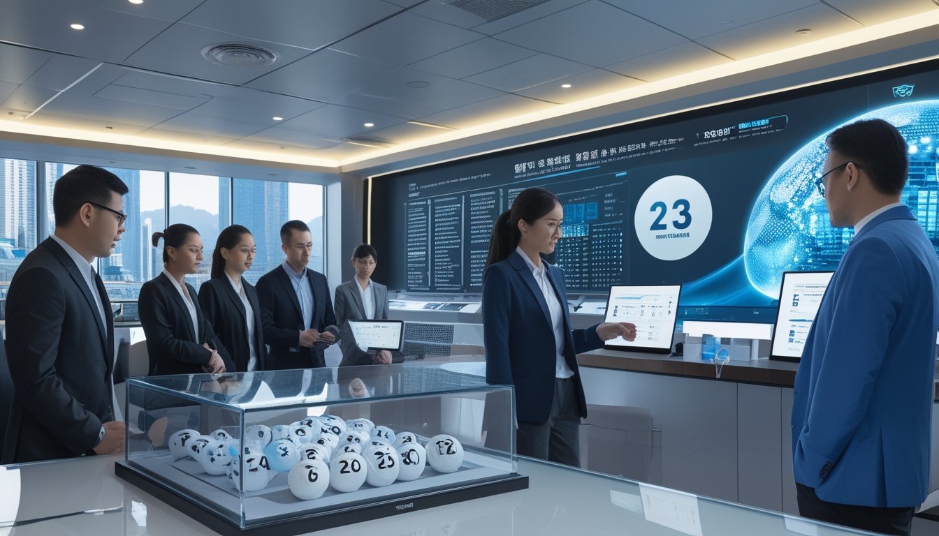 Sekelompok profesional sedang memeriksa data undian Toto Macau 2D di kantor modern dengan tampilan bola undian dan layar digital.