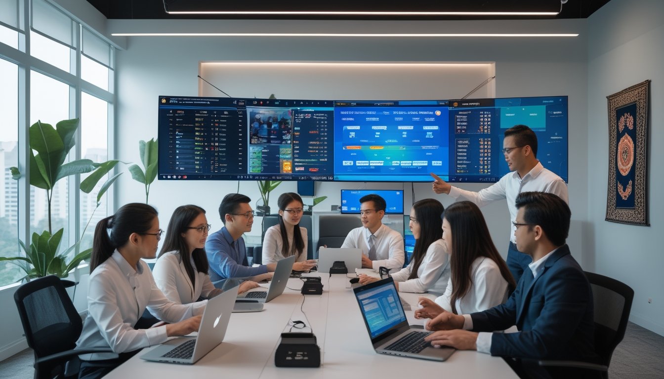 Sekelompok profesional muda Indonesia sedang berdiskusi di kantor modern dengan beberapa layar komputer menampilkan data dan pertandingan olahraga.