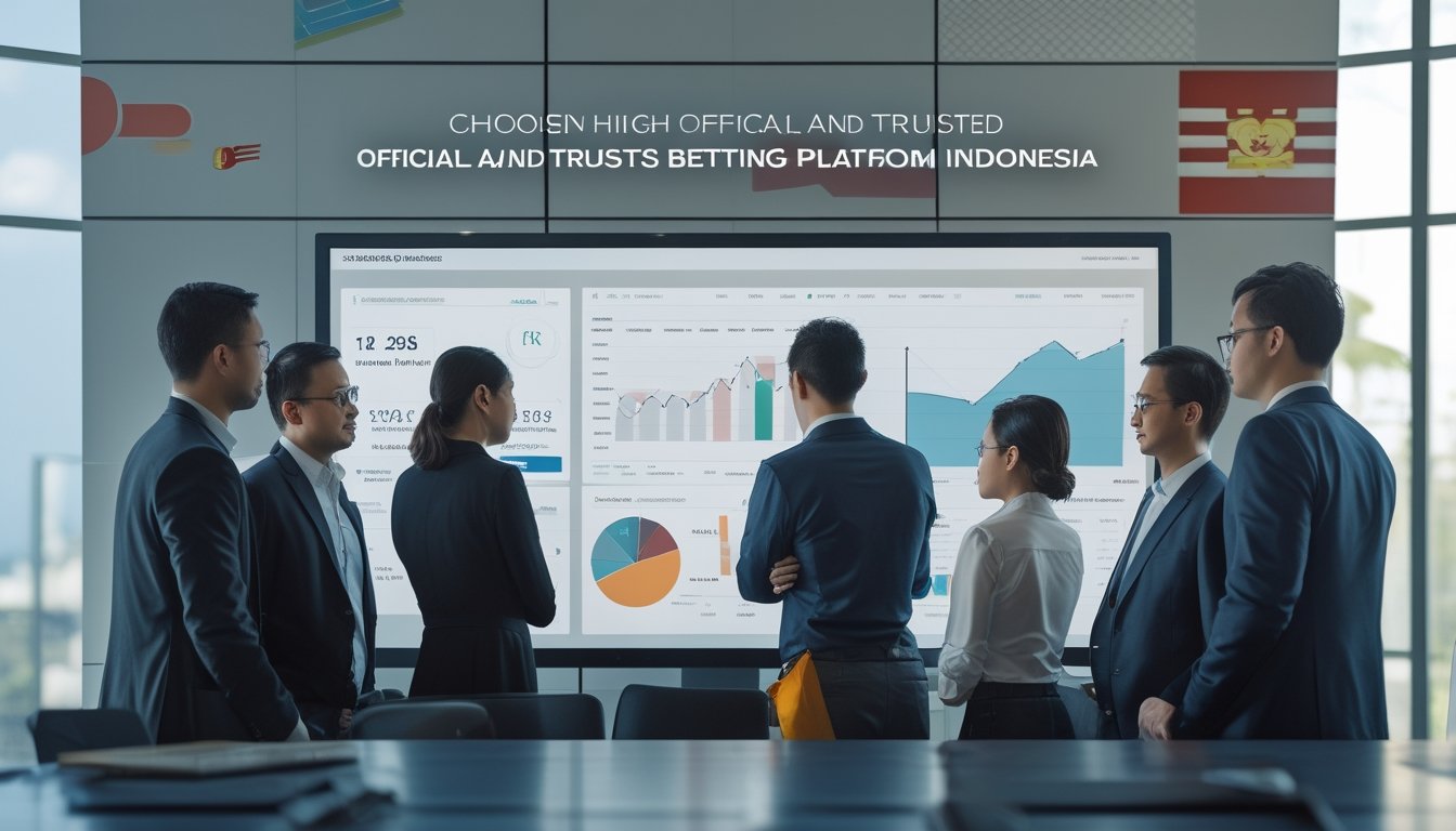 Sekelompok orang sedang berdiskusi di ruang kantor modern dengan layar digital yang menampilkan grafik dan data terkait taruhan olahraga.