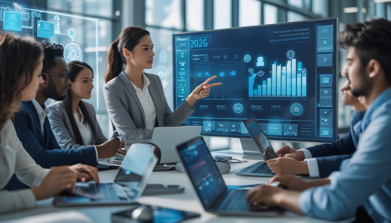 Sekelompok orang sedang berdiskusi di kantor modern dengan layar digital menampilkan grafik dan ikon keamanan.