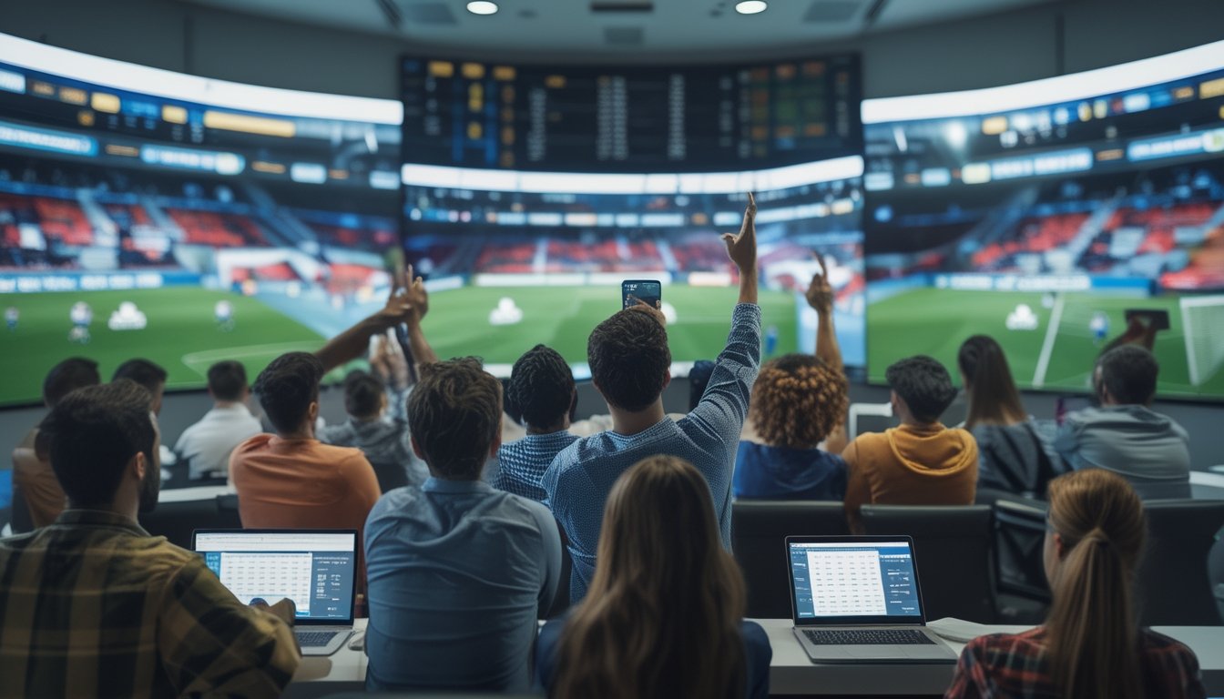 Sekelompok orang menonton pertandingan sepak bola Piala Dunia 2026 dengan perangkat digital untuk memasang taruhan secara online.