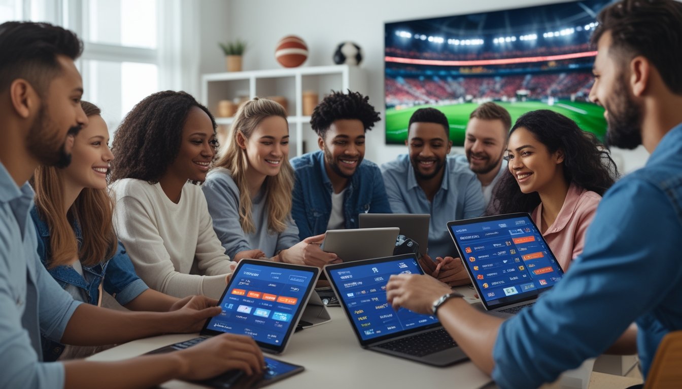 Beberapa orang menggunakan perangkat digital untuk bertaruh pada pertandingan sepak bola Piala Dunia 2026 di ruang tamu yang terang dan modern.