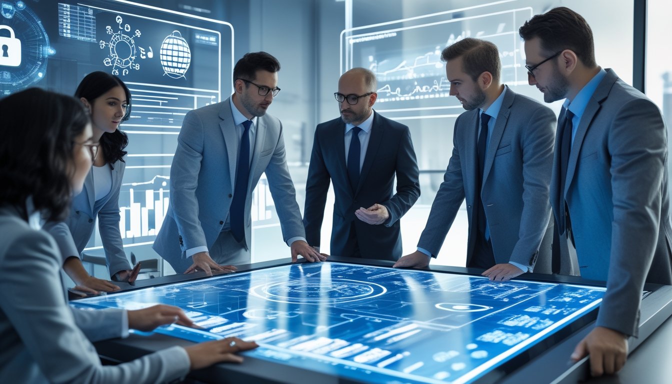 Sekelompok profesional bisnis berdiskusi di ruang kantor modern dengan layar digital yang menampilkan grafik data dan simbol keamanan.
