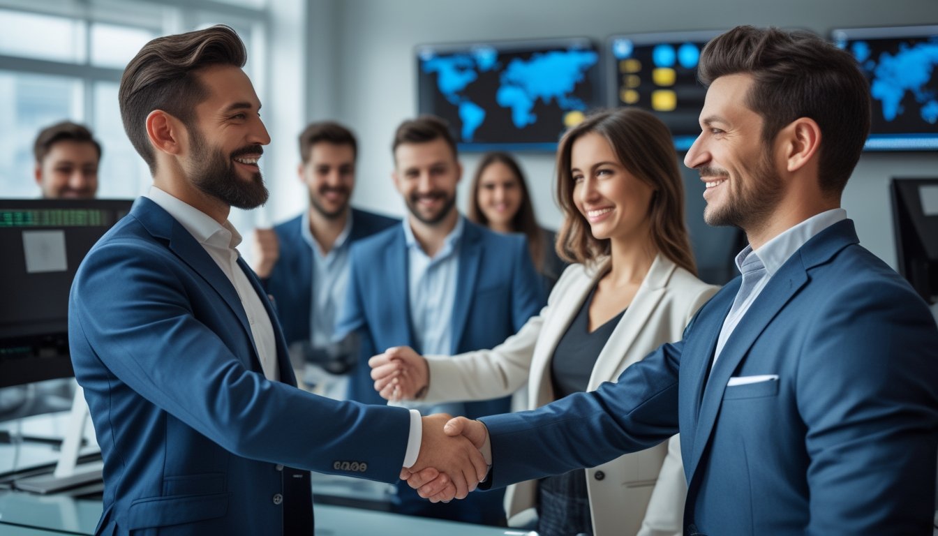 Sekelompok orang profesional sedang berjabat tangan dan tersenyum di kantor modern dengan layar komputer yang menampilkan peta dunia di latar belakang.