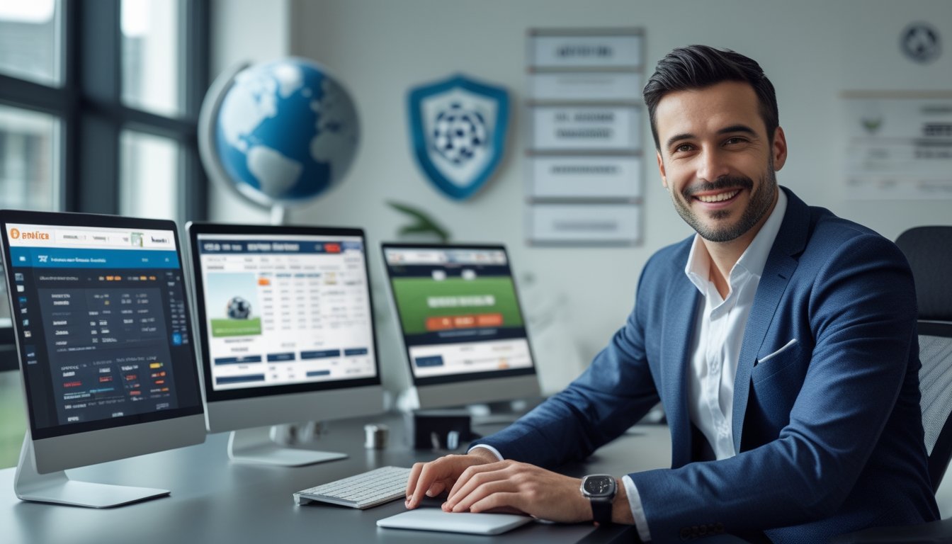 Seorang pria duduk di meja dengan beberapa perangkat digital yang menampilkan situs taruhan internasional, terlihat percaya diri dan fokus.