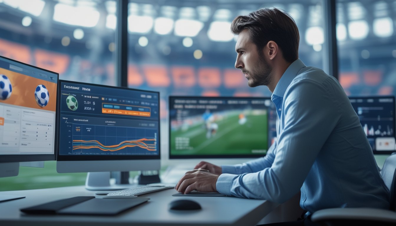 Seorang pria fokus melihat statistik pertandingan sepak bola di layar komputer di kantor modern.