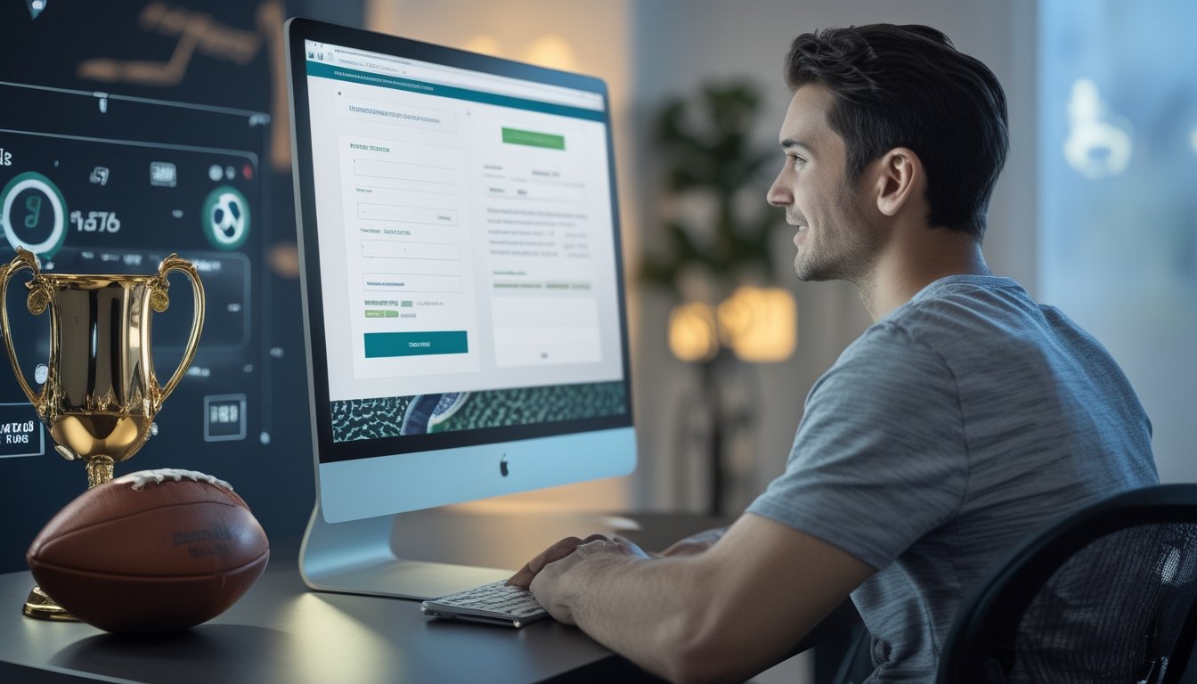 Seorang pria muda duduk di depan komputer dengan tampilan situs web taruhan olahraga, lingkungan kerja modern dengan dekorasi bertema olahraga di latar belakang.