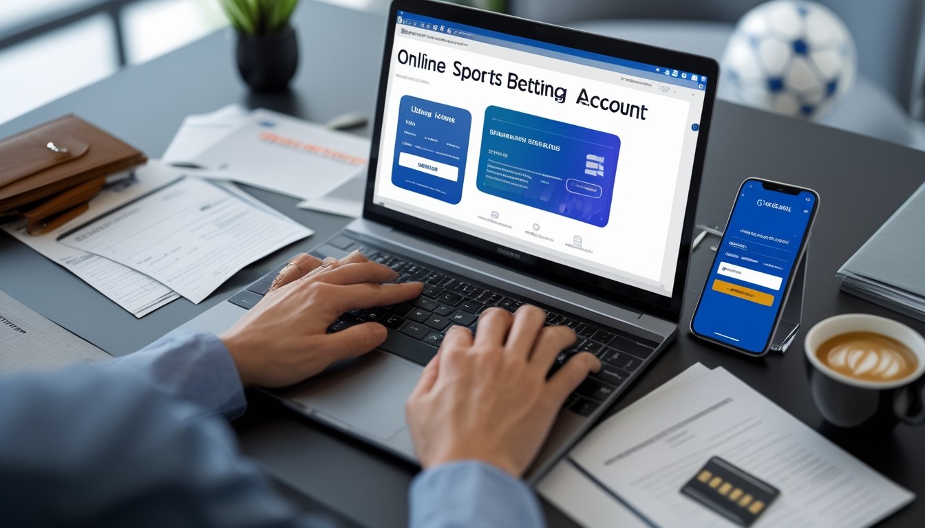 Meja kerja dengan laptop, ponsel, kartu kredit, dan tangan seseorang sedang mengetik, menunjukkan persiapan pendaftaran dan deposit akun bandar bola.