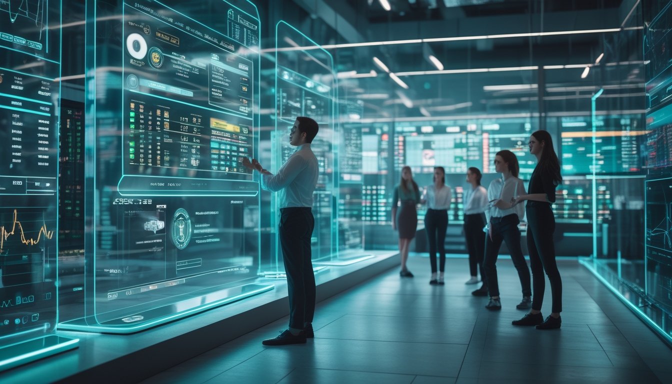 Sekelompok profesional muda bekerja di kantor modern dengan layar digital besar yang menampilkan data taruhan langsung olahraga secara real-time.
