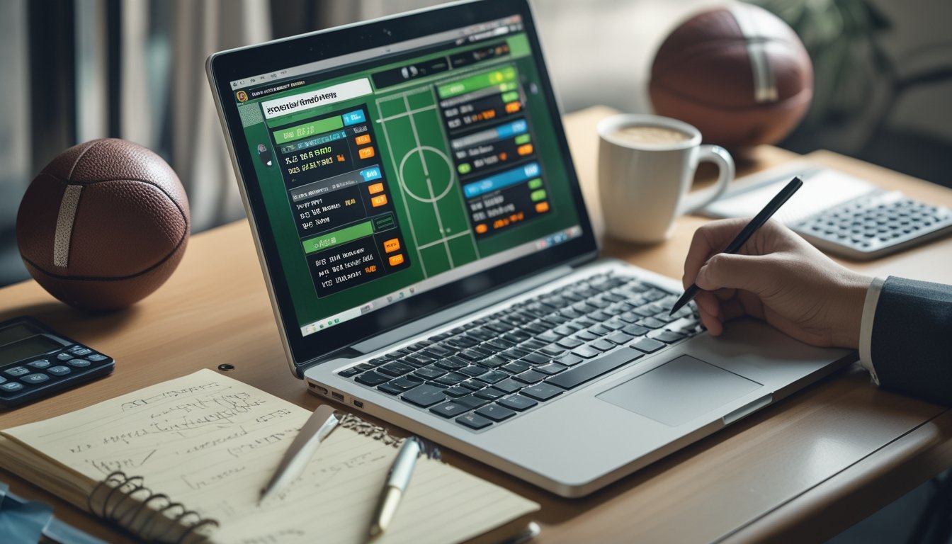 Meja kerja dengan laptop yang menampilkan statistik pertandingan sepak bola dan peluang taruhan, buku catatan dengan tulisan tangan, ponsel dengan aplikasi taruhan, serta bola sepak dan kalkulator di latar belakang.