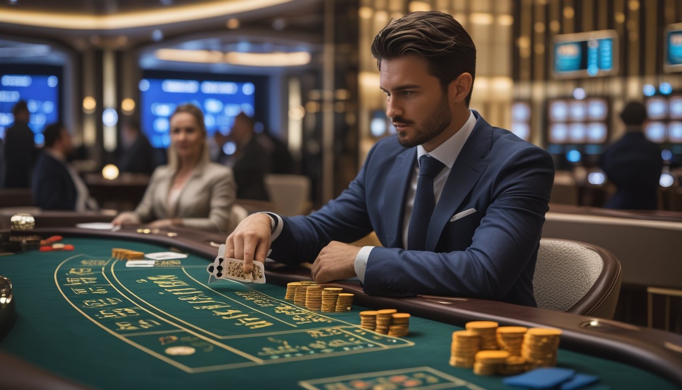 Seorang pemain profesional duduk di meja baccarat VIP di kasino modern dengan dealer dan suasana mewah.