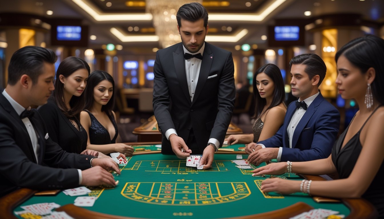 Meja baccarat VIP dengan dealer dan pemain yang sedang bermain di sebuah kasino mewah.