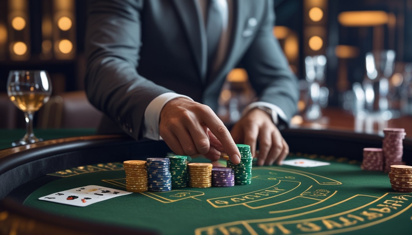 Seorang pemain berpakaian rapi sedang mengelola chip dan uang di meja baccarat VIP dengan suasana kasino mewah di latar belakang.