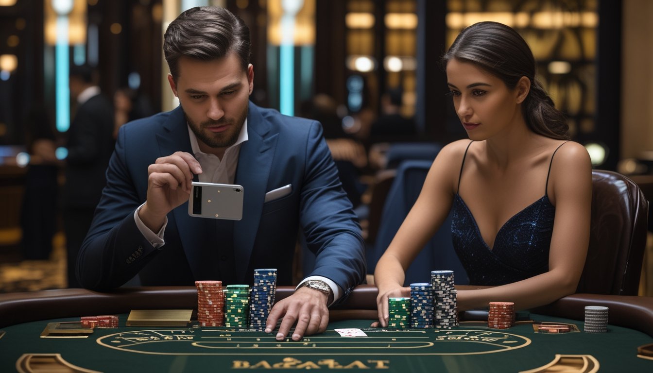 Seorang pria dan wanita duduk di meja baccarat mewah di kasino, dengan tumpukan chip dan kartu di depan mereka, tampak fokus mengelola taruhan tinggi.