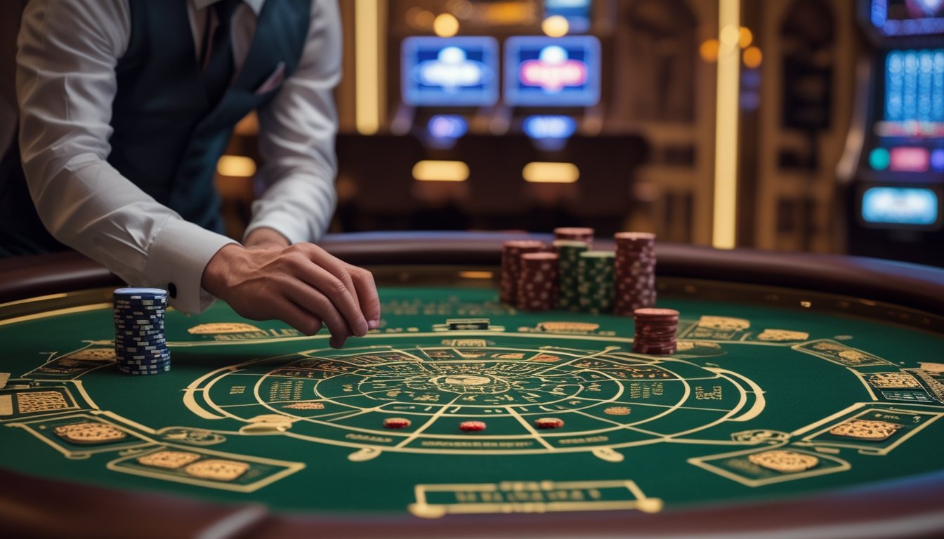 Seorang pemain dan dealer di meja baccarat VIP sedang menganalisis pola permainan menggunakan roadmap di atas meja.