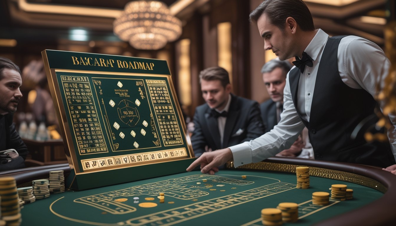 Meja baccarat VIP dengan dealer yang menunjukkan pola permainan pada papan roadmap kepada para pemain yang sedang memperhatikan.