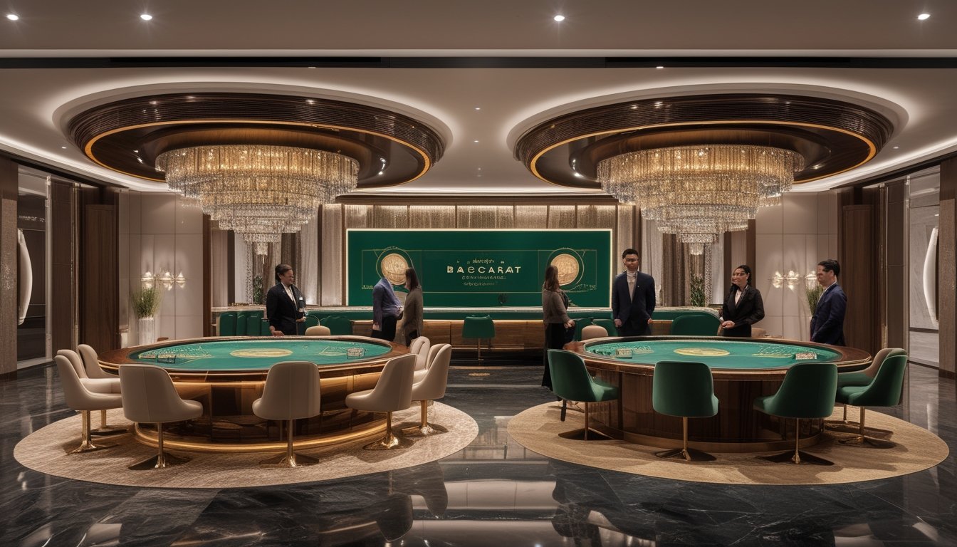 Dua meja Baccarat di kasino, satu meja VIP mewah dengan kursi beludru dan aksen emas, dan satu meja standar yang lebih sederhana dengan kain hijau dan kursi biasa, dengan pemain dan dealer di masing-masing meja.