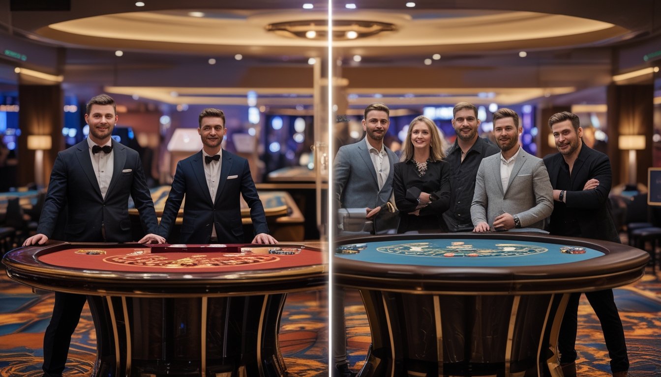 Suasana kasino yang menampilkan perbandingan antara meja baccarat VIP yang mewah dan meja baccarat standar dengan pemain dan dealer di masing-masing meja.